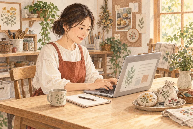 パソコンとノートを使って教室の案内を考える先生のイラスト