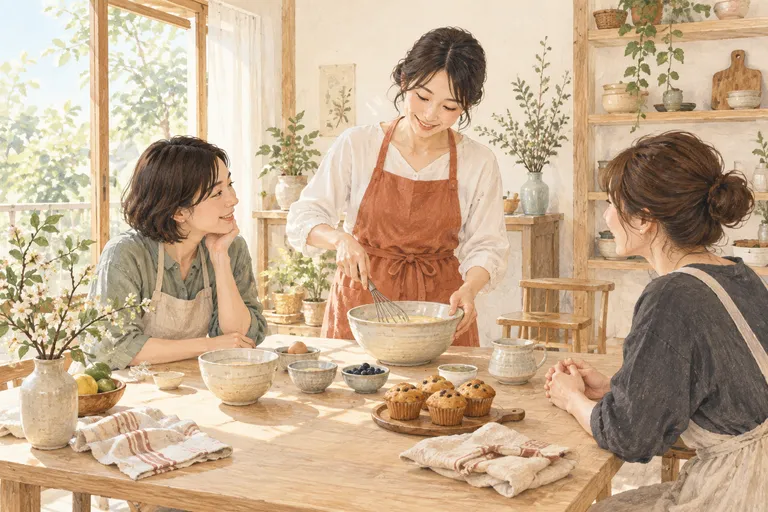 小さな教室で先生と参加者が一緒に焼き菓子を作るイラスト