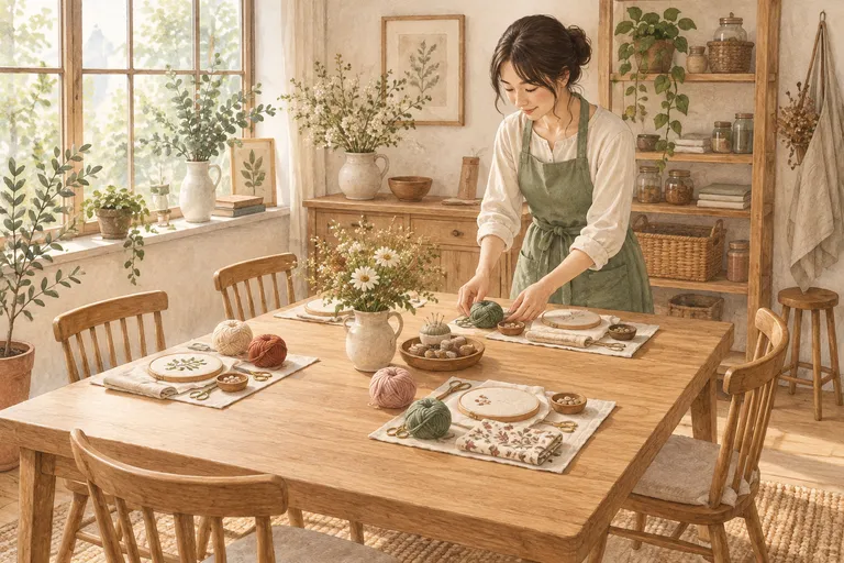 参加者の席に道具と材料を並べ、教室の準備をする先生のイラスト